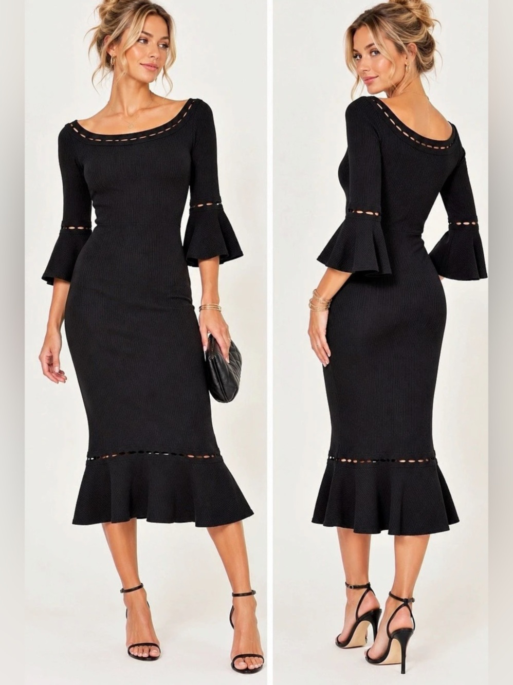 Adelyn Rae Black Ribbed Knit Bell Sleeve Ruffle Hem Midi Dress Size S Like New